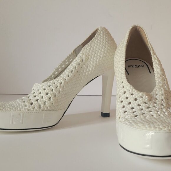 Fendi  Woven White Textured Fabric Reflections High Heels Pumps - Picture 3 of 16